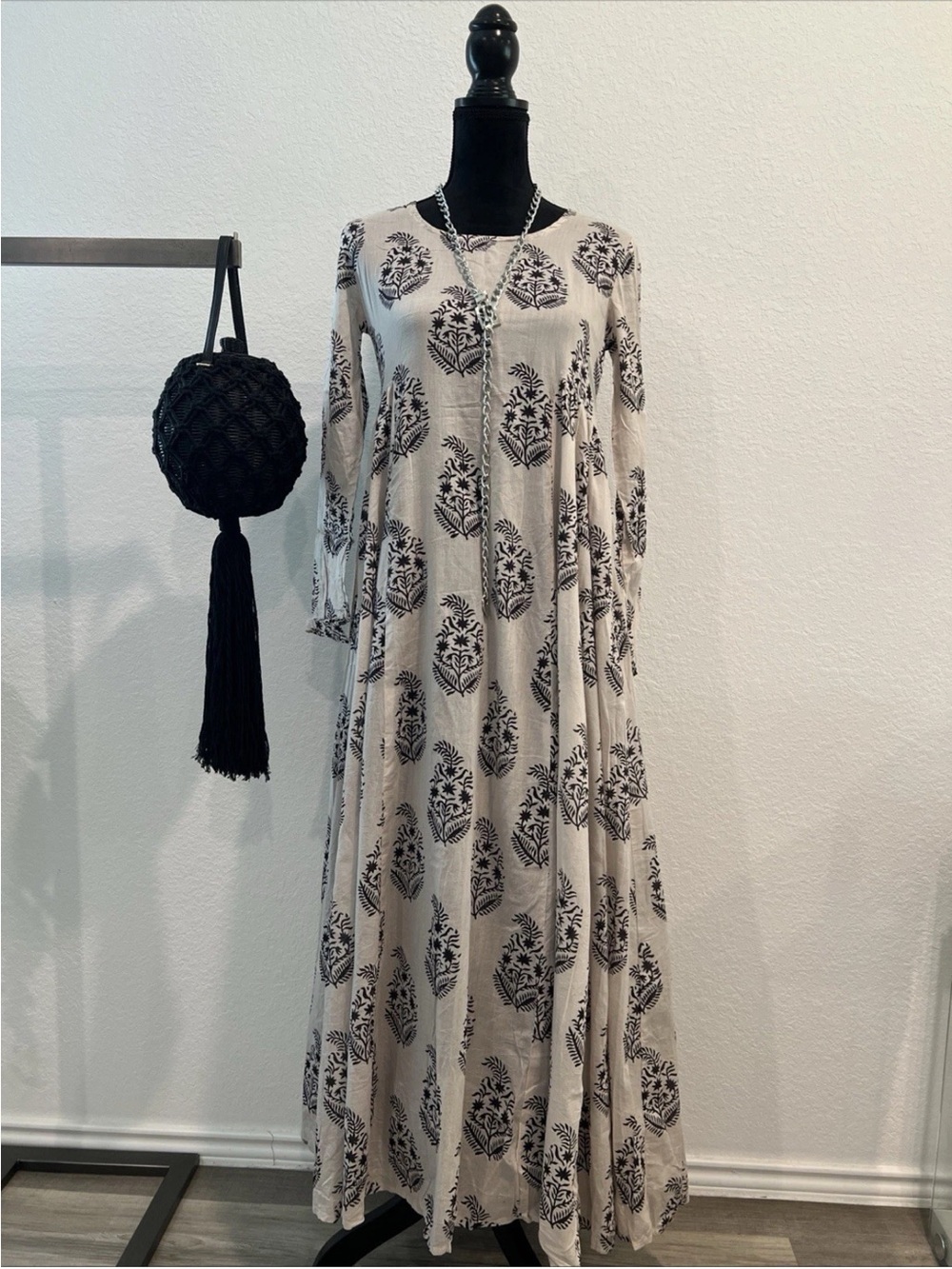 Matta Beige Maxi Dress with Black Floral Print Sz S